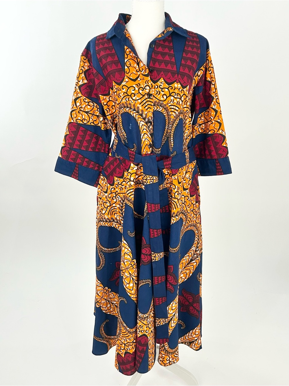 Grass-Fields African Print Belted Midi Shirt Dress UK16 US12